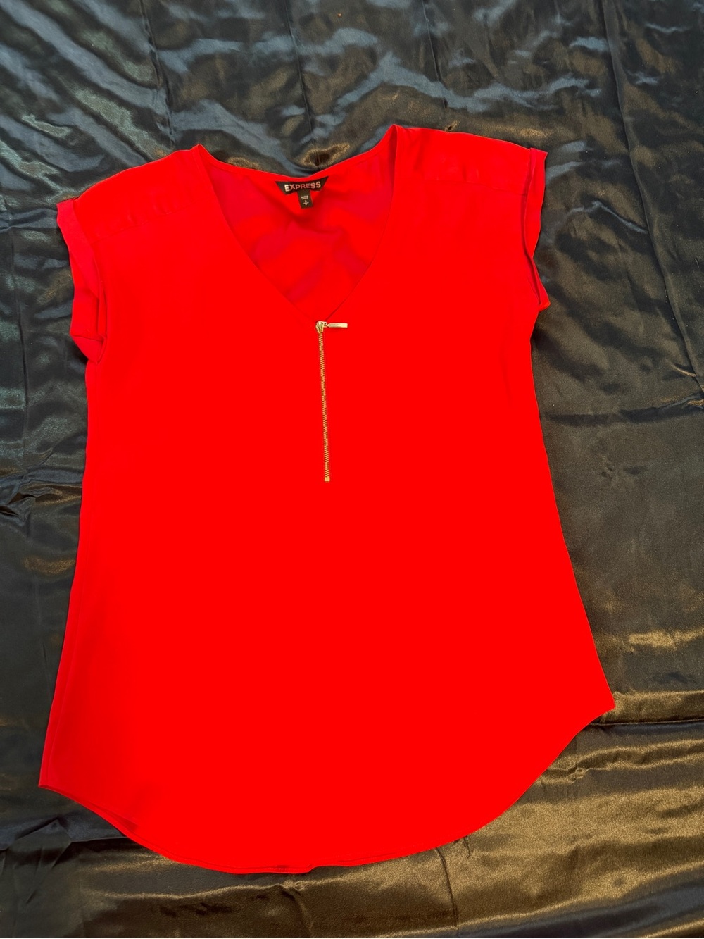 Express Women's Bright Red V-Neck Top with Front Zip